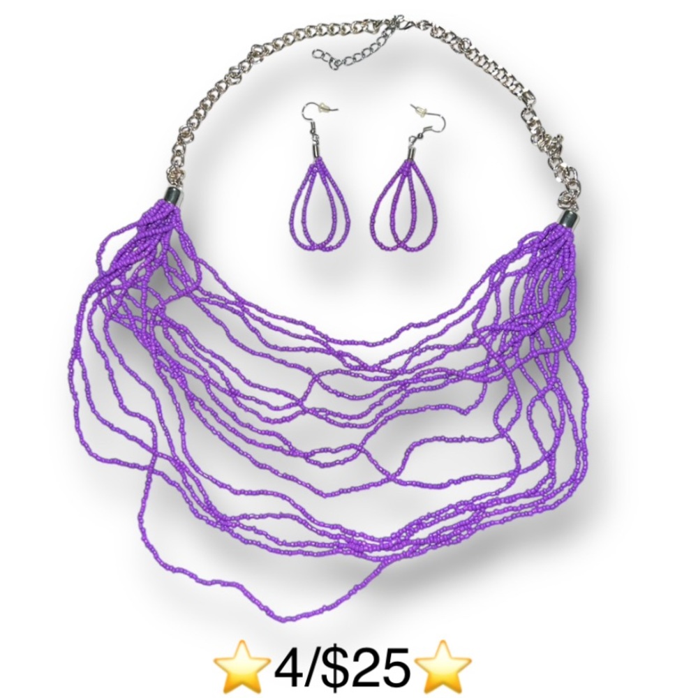 Purple Seed Bead Layered Statement Necklace & Earrings Set